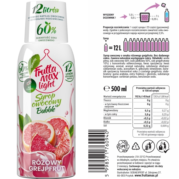 Syrop FruttaMax GREJPFRUT RÓŻOWY LIGHT 500ml na 12 litrów