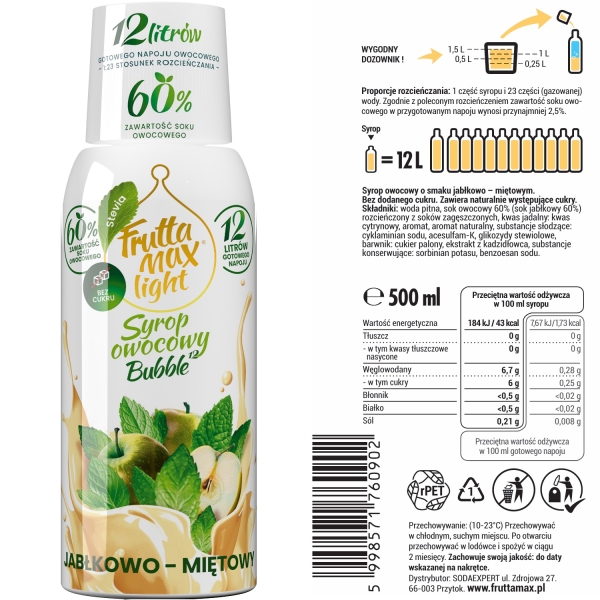 Syrop FruttaMax JABŁKO - MIĘTA LIGHT 500ml na 12 litrów