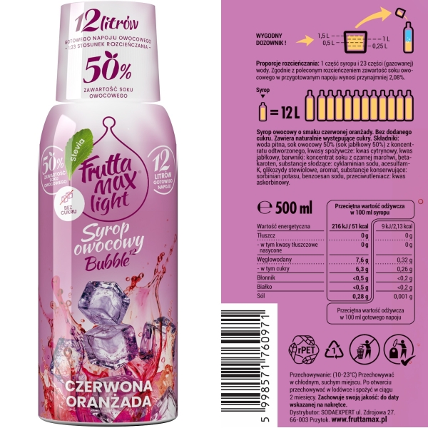 Syrop FruttaMax ORANŻADA CZERWONA LIGHT 500ml na 12 litrów